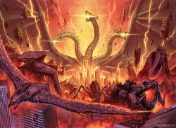 Rule 34 | alien, behemoth (godzilla), breath weapon, breathing lightning, bug, city, claws, commentary request, dragon, dragon horns, dragon wings, electricity, energy, fangs, fire, giant, glowing, glowing eyes, glowing mouth, godzilla: king of the monsters, godzilla (series), horns, hydra, kaijuu, king ghidorah, king ghidorah (monsterverse), legendary pictures, lightning, methuselah (godzilla), monster, monsterverse, multiple heads, multiple tails, muto (godzilla), muto female, no humans, nurikabe (mictlan-tecuhtli), open mouth, queen muto, rodan, rodan (monsterverse), scales, scylla (godzilla), sharp teeth, sky, spider, tail, teeth, toho, wings