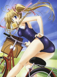 Rule 34 | 1girl, absurdres, adjusting clothes, adjusting swimsuit, antenna hair, ass, basket, bicycle, blonde hair, blue eyes, blush, bread slice, breasts, briefcase, dengeki moeou, floating hair, food, food in mouth, from behind, goma satoshi, gomasatoshi, hair ribbon, highres, legs, looking at viewer, looking back, medium breasts, moeoh, motion blur, mouth hold, one-piece swimsuit, pink ribbon, purple one-piece swimsuit, purple school swimsuit, ribbon, riding, school briefcase, school swimsuit, solo, swimsuit, toast, toast in mouth, twintails