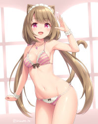 Rule 34 | 1girl, :d, animal ears, armpits, bikini, bow, bow bikini, breasts, brown hair, cat ears, cat tail, cowboy shot, fang, frilled bikini, frills, front-tie bikini top, front-tie top, halterneck, hand up, jewelry, legs together, long hair, looking at viewer, lowleg, lowleg bikini, maid, maid bikini, maid headdress, medium breasts, navel, necklace, open mouth, original, panties, pink background, pink bikini, pink eyes, pink panties, sasaame, skin fang, smile, solo, string bikini, striped bikini, striped clothes, striped panties, swimsuit, tail, twintails, twitter username, unconventional maid, underwear, very long hair, waving, wristband