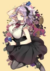 Rule 34 | 10s, 1girl, amatouoda, arm up, bare shoulders, black flower, black footwear, black pantyhose, black rose, black skirt, blue eyes, breasts, buttons, center frills, dagashi kashi, floral background, flower, frills, hairband, holding, large breasts, leg up, loafers, mouth hold, one eye closed, package, pantyhose, purple hair, red ribbon, ribbon, rose, running, shidare hotaru, shirt, shoes, short hair, sidelocks, simple background, skirt, sleeveless, sleeveless shirt, solo, suspenders, tulip, underbust, white shirt, wrist cuffs, yellow background
