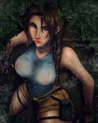 Rule 34 | annoyed, blue tank top, braid, breasts, brown eyes, brown hair, covered erect nipples, foliage, from above, frown, hot, i-ledford, jungle, lara croft, large breasts, lips, looking at viewer, looking up, nature, rainforest, shadow, shorts, sleeveless, steam, summer, sweat, tank top, thighs, tomb raider, wet, wet clothes, wet hair