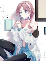 Rule 34 | 1girl, arknights, bare shoulders, black pants, blue eyes, blue poison (arknights), blue poison (shoal beat) (arknights), blue shorts, braid, camisole, choker, chokie, commentary, earrings, hairband, hands up, highres, holding, jacket, jewelry, leggings, long hair, long sleeves, midriff, off shoulder, official alternate costume, pants, pink choker, pink hair, shadow, shorts, sitting, solo, spaghetti strap, sports bra, symbol-only commentary, twin braids, white jacket