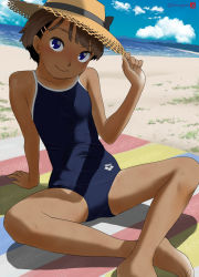 Rule 34 | 1girl, arena (company), beach, blue eyes, blue sky, brown hair, child, cloud, commentary request, competition school swimsuit, crossed legs, day, flat chest, hair ornament, hairclip, hat, head tilt, highres, logo, looking at viewer, mountainous horizon, mu-pyon, one-piece tan, orange hat, original, outdoors, school swimsuit, shaded face, short hair, sitting, skin tight, sky, solo, spread legs, straw hat, sun hat, swimsuit, tan, tanline, wide hips