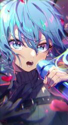 Rule 34 | 1girl, black gloves, black sweater, blue eyes, blue hair, commentary, fingernails, gloves, highres, holding, holding microphone, hololive, hoshimachi suisei, hoshimachi suisei (shout in crisis), long fingernails, long hair, looking at viewer, microphone, music, nail polish, official alternate costume, open mouth, petals, red nails, shimotsuki shio, singing, single glove, solo, star (symbol), star in eye, sweater, symbol in eye, upper body, v-shaped eyebrows, virtual youtuber