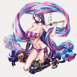 Rule 34 | 1girl, armor, beads, bikini, breasts, choker, cleavage, collarbone, commentary request, eyepatch bikini, fate/grand order, fate (series), gloves, hand on own thigh, high heels, highres, holding, holding sword, holding weapon, huge breasts, kneeling, leg armor, long hair, looking at viewer, low-tied long hair, minamoto no raikou (fate), minamoto no raikou (fate/grand order), minamoto no raikou (swimsuit lancer) (fate), minamoto no raikou (swimsuit lancer) (third ascension) (fate), navel, parted bangs, purple bikini, purple eyes, purple hair, side-tie bikini bottom, sideboob, single glove, solo, swimsuit, sword, sword behind back, tenobe, underboob, very long hair, weapon