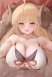 Rule 34 | 1boy, 1girl, ahoge, anila (granblue fantasy), bikini, blonde hair, blunt bangs, blush, bra, breasts, cbmus, cleavage, commission, draph, granblue fantasy, highres, horns, huge breasts, large breasts, long hair, looking at viewer, open mouth, paizuri, penis, pixiv commission, sheep horns, short eyebrows, smile, solo focus, swimsuit, thick eyebrows, underwear, very long hair, white bra, yellow eyes