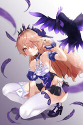 Rule 34 | 1girl, absurdres, alternate eye color, bare shoulders, bird, black feathers, blonde hair, blush, breasts, choker, chuunibyou, collar, crow, detached sleeves, dongchuan, eyepatch, falling feathers, feathers, fischl (ein immernachtstraum) (genshin impact), fischl (genshin impact), frills, gem, genshin impact, hair over one eye, high heels, highres, jewelry, leotard, long hair, looking at viewer, medium breasts, miniskirt, official alternate costume, one eye covered, oz (genshin impact), puffy short sleeves, puffy sleeves, purple choker, purple footwear, purple gemstone, purple ribbon, purple sleeves, red eyes, ribbon, short sleeves, skirt, small breasts, solo, thighhighs, thighs, tiara, white thighhighs