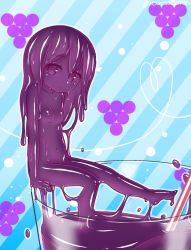 Rule 34 | 1girl, barefoot, breasts, closed mouth, colored sclera, colored skin, cup, curss, drinking straw, from side, grape juice, highres, in container, in cup, juice, long hair, looking at viewer, mini person, minigirl, monster girl, navel, nude, original, outline, purple eyes, purple hair, purple sclera, purple skin, sitting, slime girl, small breasts, solo, twitter username, white outline