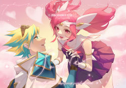 Rule 34 | 1boy, 1girl, :d, asami okutoshioku, black gloves, blonde hair, bow, bowtie, dress, ezreal, fingerless gloves, gloves, goggles, goggles on head, green hair, hair ornament, heart, heart-shaped pupils, highres, holding hands, league of legends, long hair, long sleeves, lux (league of legends), multicolored hair, official alternate costume, open mouth, pink hair, pink skirt, red eyes, sailor collar, sample watermark, skirt, smile, star (symbol), star guardian (league of legends), star guardian ezreal, star guardian lux, symbol-shaped pupils, teeth, twintails, two-tone hair, upper teeth only, watermark, white sailor collar