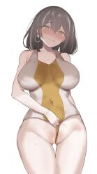 Rule 34 | 1girl, arknights, blush, breasts, brown eyes, brown hair, closed mouth, clothes lift, collarbone, covered navel, cowboy shot, earrings, embarrassed, frontal wedgie, gluteal fold, grey hair, highres, jewelry, large breasts, lifting own clothes, looking at viewer, magallan (arknights), multicolored hair, nose blush, one-piece swimsuit, otsumami (02mami), partially visible vulva, short hair, simple background, solo, streaked hair, sweat, swimsuit, swimsuit lift, thigh gap, two-tone hair, two-tone swimsuit, wedgie, white background, white one-piece swimsuit, yellow one-piece swimsuit