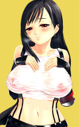 Rule 34 | 1990s (style), 1girl, belt, black hair, blapan, blush, breast suppress, breasts, burapan, covered erect nipples, crop top, earrings, elbow gloves, embarrassed, female focus, final fantasy, final fantasy vii, fingerless gloves, gloves, hip focus, jewelry, large breasts, long hair, midriff, navel, nipples, no bra, red eyes, retro artstyle, see-through, simple background, solo, suspenders, tank top, tifa lockhart, very long hair, wet, wet clothes, wide hips