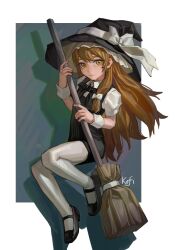 Rule 34 | 1girl, :/, artist name, black dress, black footwear, black hat, black ribbon, blonde hair, blue background, border, bow, broom, collared shirt, dress, full body, hands up, hat, hat bow, highres, holding, holding broom, kirisame marisa, kofi-mo, large hat, legs up, long hair, looking at viewer, mary janes, neck ribbon, outside border, overall skirt, pantyhose, puffy short sleeves, puffy sleeves, ribbon, shadow, shirt, shoes, short sleeves, signature, solo, touhou, white border, white bow, white pantyhose, white shirt, witch hat, wrist cuffs, yellow eyes