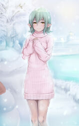 Rule 34 | 1girl, aqua hair, closed mouth, day, dress, feet out of frame, hair between eyes, half-closed eyes, hands on own chest, hands up, irudana, knees, light blush, lips, long sleeves, looking at viewer, original, outdoors, pink sweater, pointy ears, ribbed sweater, short hair, sleeves past wrists, smile, snow, snowing, snowman, solo, standing, sweater, sweater dress, tree, turtleneck, turtleneck dress, turtleneck sweater, water, yellow eyes