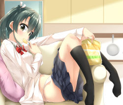 Rule 34 | 10s, 1girl, alternate costume, bag of chips, black socks, black skirt, brown eyes, clothes pull, commentary request, contemporary, couch, eating, food in mouth, grey hair, hair ribbon, hino (2nd life), kantai collection, kneehighs, knees up, long sleeves, navel, no shoes, open clothes, panties, pleated skirt, ribbon, school uniform, side-tie panties, sitting, skirt, skirt pull, socks, solo, twintails, unbuttoned, underwear, white panties, zuikaku (kancolle)