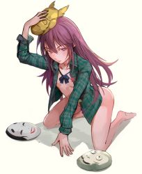 Rule 34 | 1girl, bad id, bad pixiv id, bottomless, bow, bowtie, breasts, dikko, full body, hair between eyes, hand up, hata no kokoro, kneeling, long hair, looking at viewer, mask, naked shirt, new mask of hope, pink eyes, pink hair, plaid, plaid shirt, shirt, simple background, small breasts, solo, touhou, white background