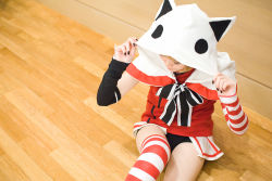 Rule 34 | cat hoodie, character request, cosplay, kikiwan, photo (medium), single thighhigh, source request, striped, thighhighs