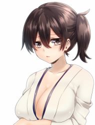 Rule 34 | 10s, 1girl, breast lift, breasts, brown eyes, brown hair, cleavage, japanese clothes, kaga (kancolle), kantai collection, keita (tundereyuina), large breasts, looking at viewer, open clothes, open shirt, shirt, side ponytail, simple background, solo, white background