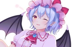 Rule 34 | 1girl, ascot, bat wings, blue hair, blush, bow, breasts, brooch, center frills, commentary request, frilled shirt collar, frills, hair between eyes, hat, hat bow, jewelry, looking at viewer, medium breasts, mob cap, one eye closed, open mouth, pink hat, pointy ears, puffy short sleeves, puffy sleeves, red ascot, red bow, red eyes, remilia scarlet, short hair, short sleeves, simple background, smile, solo, star (symbol), touhou, upper body, white background, wings, yamayu