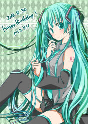 Rule 34 | 10s, 1girl, 2013, aqua eyes, aqua hair, argyle, argyle background, argyle clothes, bad id, bad pixiv id, character name, dated, detached sleeves, happy birthday, hatsune miku, long hair, momomochi, necktie, sitting, skirt, solo, thighhighs, twintails, very long hair, vocaloid