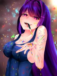 1girl bare_arms bare_shoulders blurry blurry_background breasts cleavage collarbone crazy_eyes crunnix doki_doki_literature_club fangs hair_ornament hairclip highres impossible_clothes impossible_swimsuit ink large_breasts long_hair looking_at_viewer nib_pen_(object) open_mouth pen purple_eyes purple_hair school_swimsuit sideboob smile solo swimsuit taut_clothes tongue tongue_out very_long_hair yuri_(doki_doki_literature_club)