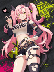 Rule 34 | 1girl, :3, black ribbon, black shorts, black thighhighs, blush, breasts, closed mouth, copyright name, crop top, detached sleeves, earrings, green eyes, hair between eyes, hair ornament, hair ribbon, twirling hair, hairclip, hand on own hip, heart, heart earrings, highres, index finger raised, jewelry, large breasts, long hair, looking at viewer, mole, mole on thigh, mole under eye, multicolored nails, nail polish, nicole demara, o-ring, pink hair, pumpkinnn, ribbon, short shorts, shorts, simple background, single thighhigh, skindentation, solo, thigh strap, thighhighs, thighs, torn clothes, torn thighhighs, two side up, very long hair, zenless zone zero