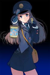Rule 34 | 1girl, bag, blue eyes, cowboy shot, gloves, gradient background, hat, highres, kouno (masao), lantern, long hair, necktie, outstretched arm, pantyhose, solo, ticket, uniform