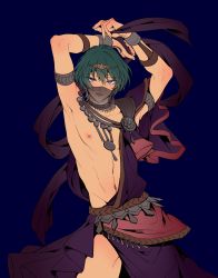 Rule 34 | 1boy, alternate costume, armlet, arms up, beads, blue background, blue eyes, blue hair, byleth (fire emblem), byleth (male) (fire emblem), dancer, fire emblem, fire emblem: three houses, highres, looking at viewer, mask, mizuno (iori-amu), navel piercing, nintendo, parted lips, piercing, short hair, simple background, solo, tiara