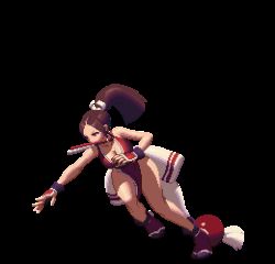 Rule 34 | animated, animated gif, bare legs, breasts, brown hair, cartwheel, cleavage, high ponytail, japanese clothes, king of fighters xiii, large breasts, long hair, lowres, ninja, no bra, pelvic curtain, pixel art, ponytail, revealing clothes, shiranui mai, tabi, the king of fighters, the king of fighters xiii