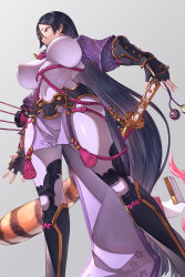 Rule 34 | 1girl, animal print, arm guards, armor, black gloves, bodysuit, breasts, cero320, commentary request, covered erect nipples, curvy, fate/grand order, fate (series), fingerless gloves, from below, gloves, grey background, highres, holding, holding sword, holding weapon, japanese armor, katana, large breasts, loincloth, long hair, low-tied long hair, minamoto no raikou (fate), parted bangs, purple bodysuit, purple eyes, purple hair, ribbed sleeves, rope, standing, sword, tabard, tiger print, very long hair, weapon