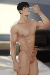 Rule 34 | 1boy, abs, backlighting, bar censor, bed, black hair, blurry, censored, collarbone, completely nude, cowboy shot, cup, depth of field, drinking, erection, hand up, highres, holding, holding cup, indoors, large penis, looking at viewer, male focus, naoki (xhju8282), navel, nipples, nude, original, parted lips, pectorals, penis, short hair, solo, standing, testicles, toned, toned male