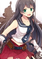 Rule 34 | 10s, 1girl, agano (kancolle), aqua eyes, black hair, gloves, hiiragi souren, kantai collection, long hair, looking at viewer, machinery, midriff, open mouth, solo