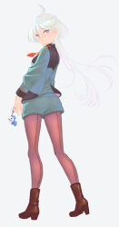 Rule 34 | 1girl, ahoge, asticassia school uniform, back-seamed legwear, black footwear, blue jacket, blue shorts, brown pantyhose, cellphone strap, closed mouth, commentary, from behind, frown, full body, grey background, grey eyes, grey hair, gundam, gundam suisei no majo, high heels, highres, jacket, jj (ssspulse), long hair, looking at viewer, looking back, miorine rembran, pantyhose, pantyhose under shorts, school uniform, seamed legwear, short shorts, shorts, simple background, solo, standing, swept bangs