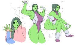Rule 34 | 1girl, ^ ^, animification, armpits, breasts, closed eyes, colored skin, commentary, cromwaits, crossed legs, english commentary, fingerless gloves, gloves, green eyes, green hair, green skin, grey gloves, hand to hand, highres, large breasts, leotard, marvel, multiple views, muscular, muscular female, pink sweater, pov, she-hulk, sitting, sketch, smile, superhero costume, sweater