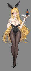 Rule 34 | 1girl, absurdres, alcohol, angelica (brown dust), animal ears, areola slip, black footwear, black leotard, blonde hair, breasts, brown dust 2, brown pantyhose, cleavage, collar, cup, embarrassed, eyebrows hidden by hair, fake animal ears, full body, glass bottle, grey background, groin, hand on own chest, high heels, highleg, highleg leotard, highres, holding, holding tray, large breasts, leotard, lipstick, long hair, looking at viewer, makeup, open mouth, pantyhose, playboy bunny, rabbit ears, solo, stiletto heels, tiptoes, tray, user aenv2875, very long hair, white collar, white wrist cuffs, wrist cuffs