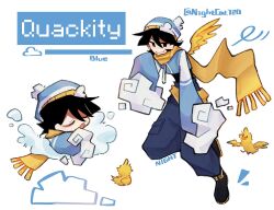 Rule 34 | 1boy, alternate costume, animal, artist name, beanie, bird, bird boy, bird wings, black eyes, black hair, blue hat, character name, character sheet, chibi, chibi inset, closed eyes, cloud, commentary, duck, duck boy, english commentary, hat, highres, long sleeves, male focus, minecraft youtube, multiple views, nightcat720, pants, quackity, scarf, shoes, short hair, simple background, smile, twitter username, white background, wings, yellow scarf, yellow wings