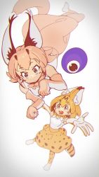 Rule 34 | 10s, 1g no izumi, 2girls, animal ear fluff, animal ears, arms up, bare shoulders, blonde hair, blue eyes, blush, bow, bowtie, caracal (kemono friends), cellien (kemono friends), elbow gloves, gloves, high-waist skirt, kemono friends, light brown hair, multicolored hair, multiple girls, o/, outstretched arms, paw pose, serval (kemono friends), serval print, serval tail, skirt, sleeveless, tail, thighhighs, traditional bowtie, white hair, yellow eyes