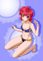 Rule 34 | 1girl, adapted costume, bare shoulders, barefoot, bikini, blue background, breasts, cleavage, frills, groin, iria animi, navel, open mouth, red eyes, red hair, ribbon, short hair, swimsuit, tales of (series), tales of innocence