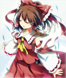 Rule 34 | 1girl, bow, brown hair, detached sleeves, closed eyes, female focus, gotyou, hair bow, hakurei reimu, japanese clothes, long hair, miko, outstretched arms, ponytail, sarashi, solo, spread arms, touhou