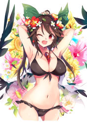 Rule 34 | 1girl, ;d, alternate costume, armpits, arms up, between breasts, bikini, black bikini, black wings, blush, bow, breasts, brown hair, daisy, feathered wings, floral background, flower, frills, front-tie top, green bow, groin, hair bow, hair flower, hair ornament, halterneck, halterneck, hibiscus, large breasts, light particles, lily (flower), long hair, navel, no wings, one eye closed, open mouth, petals, pink flower, red eyes, red flower, reiuji utsuho, smile, solo, stomach, strap gap, sunflower, swimsuit, tetsurou (fe+), third eye, touhou, transparent, white background, white flower, wings, yellow flower