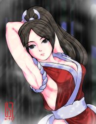 Rule 34 | 1girl, armpits, arms behind head, breasts, brown eyes, brown hair, cleavage, fatal fury, highres, large breasts, long hair, looking at viewer, ponytail, seductive smile, shihu zou, shiranui mai, sideboob, smile, snk, solo, the king of fighters