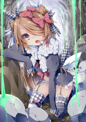 Rule 34 | 1girl, bow, cave, chiyonekoko, garter straps, hair bow, hand on own knee, kneeling, light brown hair, long hair, looking at viewer, one eye covered, open mouth, original, pile of skulls, purple eyes, shingoku no valhalla gate, skull, solo, thighhighs
