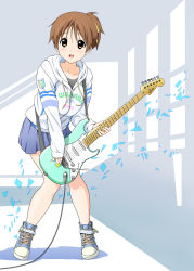 Rule 34 | 1girl, :d, blue footwear, blue skirt, brown eyes, brown hair, casual, clothes writing, collarbone, dress, dresstrip, electric guitar, fender stratocaster, full body, guitar, hirasawa ui, holding, holding instrument, hood, hoodie, instrument, k-on!, long sleeves, looking at viewer, music, open mouth, pinafore dress, playing instrument, pleated skirt, plectrum, ponytail, shoes, short hair, simple background, skirt, sleeveless dress, smile, sneakers, solo, standing, white background, white hoodie