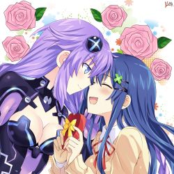 Rule 34 | 2girls, blue hair, box, breasts, cleavage, crossover, date a live, flower, genderswap, genderswap (mtf), hair ornament, happy, heart-shaped box, highres, itsuka shiori, lewdkuma, looking at another, medium breasts, multiple girls, neptune (series), open mouth, pink flower, pink rose, purple hair, purple heart (neptunia), rose, smile, upper body