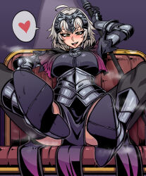 Rule 34 | 1girl, :d, absurdres, arm behind head, armor, black gloves, black thighhighs, blush, breasts, brown eyes, chain, commission, fate/grand order, fate (series), ga320aaa, gauntlets, gloves, grey hair, heart, helmet, high heels, highres, jeanne d&#039;arc alter (avenger) (fate), jeanne d&#039;arc alter (fate), large breasts, open mouth, pixiv commission, short hair, sitting, smile, solo, spoken heart, spread legs, teeth, thighhighs
