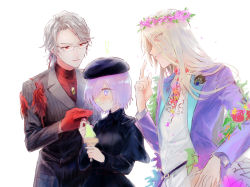 Rule 34 | !, 1girl, 2boys, ane am, antonio salieri (fate), antonio salieri (second ascension) (fate), antonio salieri (traveling outfit) (fate), belt, beret, blonde hair, blurry, blurry background, blush, bright pupils, capelet, eyes visible through hair, fate/grand order, fate (series), flower, food, formal, glasses, gloves, hair over one eye, hand on own hip, hat, head wreath, holding, holding food, holding spoon, ice cream, ice cream cone, jewelry, light purple hair, long hair, long sleeves, mash kyrielight, mash kyrielight (traveling outfit), multiple boys, napkin, necklace, official alternate costume, parted lips, pinstripe pattern, pinstripe suit, pointing, pointing at self, purple eyes, red gloves, short hair, simple background, smile, soft serve, spoon, striped, suit, turtleneck, very long hair, white background, white pupils, wolfgang amadeus mozart (fate), wolfgang amadeus mozart (traveling outfit) (fate)