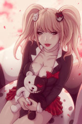 Rule 34 | 1girl, bear hair ornament, black shirt, blue eyes, bow, bra, breasts, cleavage, collarbone, commentary, danganronpa: trigger happy havoc, danganronpa (series), enoshima junko, from above, hair ornament, long hair, looking at viewer, medium breasts, monokuma, nail polish, parted lips, pink bra, pink hair, red bow, red skirt, shirt, sitting, skirt, sleeves rolled up, smile, solo, soranamae, spoilers, stuffed animal, stuffed toy, teddy bear, twintails, underwear