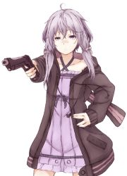 Rule 34 | 1girl, ahoge, aiming, aiming at viewer, collarbone, dress, gun, hair ribbon, hand on own hip, handgun, highres, holding, holding gun, holding weapon, hood, hoodie, itituki, long hair, looking at viewer, open mouth, pistol, purple eyes, purple hair, ribbon, short hair with long locks, solo, transparent background, twintails, upper body, vocaloid, voiceroid, weapon, white background, yuzuki yukari