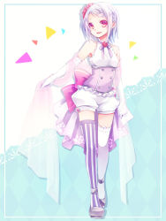 Rule 34 | 1girl, bare shoulders, elbow gloves, gloves, kuroi (liar-player), original, personification, pocketland, purple hair, red eyes, short hair, solo, thighhighs