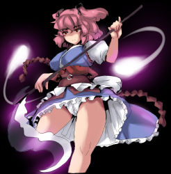 Rule 34 | 1girl, alternate weapon, bare legs, breasts, cleavage, dress, female focus, hair bobbles, hair ornament, hitodama, large breasts, magukappu, no nose, onozuka komachi, panties, pantyshot, red eyes, red hair, scythe, short hair, solo, touhou, twintails, two side up, underwear, upskirt, weapon, white panties