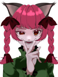 Rule 34 | 1girl, animal ears, blunt bangs, bow, braid, cat ears, dress, eyelashes, fangs, green dress, hair bow, hair ribbon, hand up, kaenbyou rin, konkuri251, looking at viewer, portrait, red eyes, red hair, ribbon, sharp teeth, simple background, solo, teeth, touhou, tress ribbon, twin braids, uneven eyes, v over mouth, white background